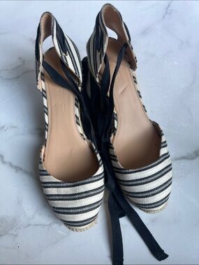 J. Crew Black & White Striped Espadrille Wedge Sandals with Ankle Tie size 7.5